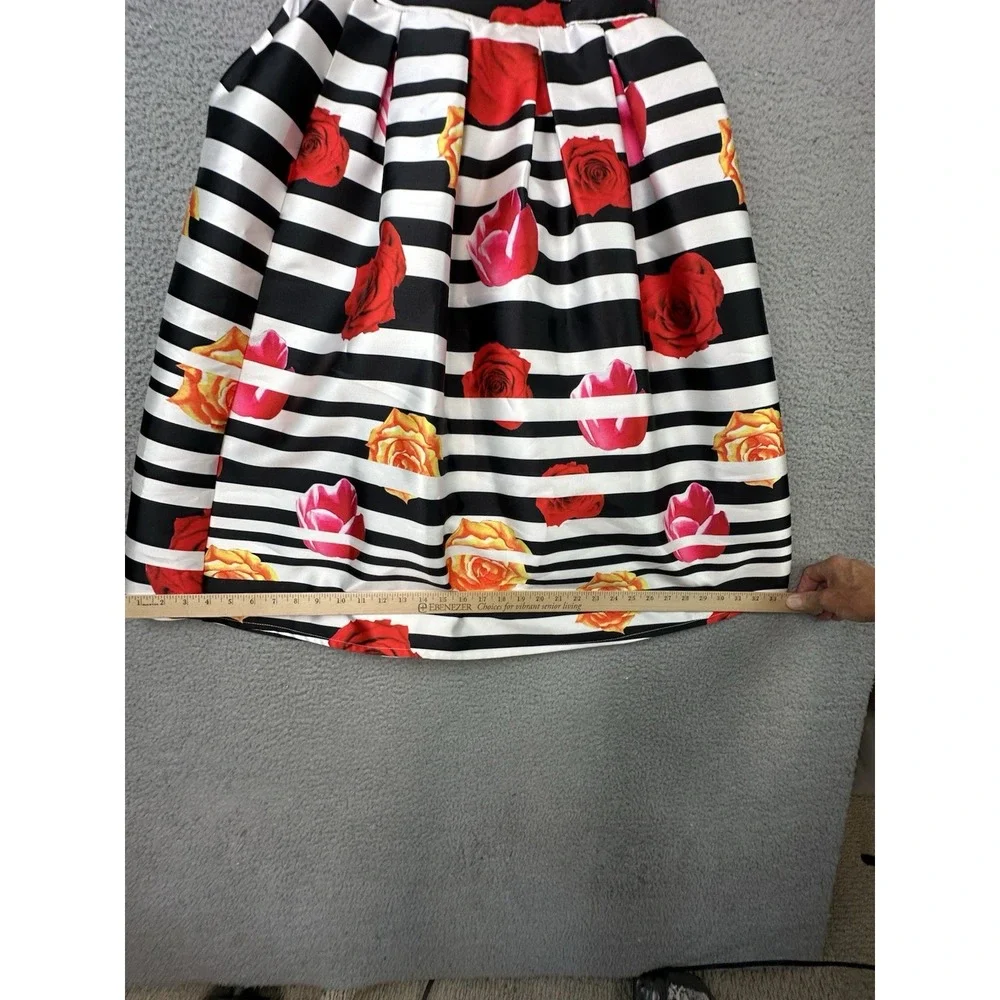 Rockabilly Black White Striped Floral Midi Skirt 50s Pleated Cabbage Rose Small